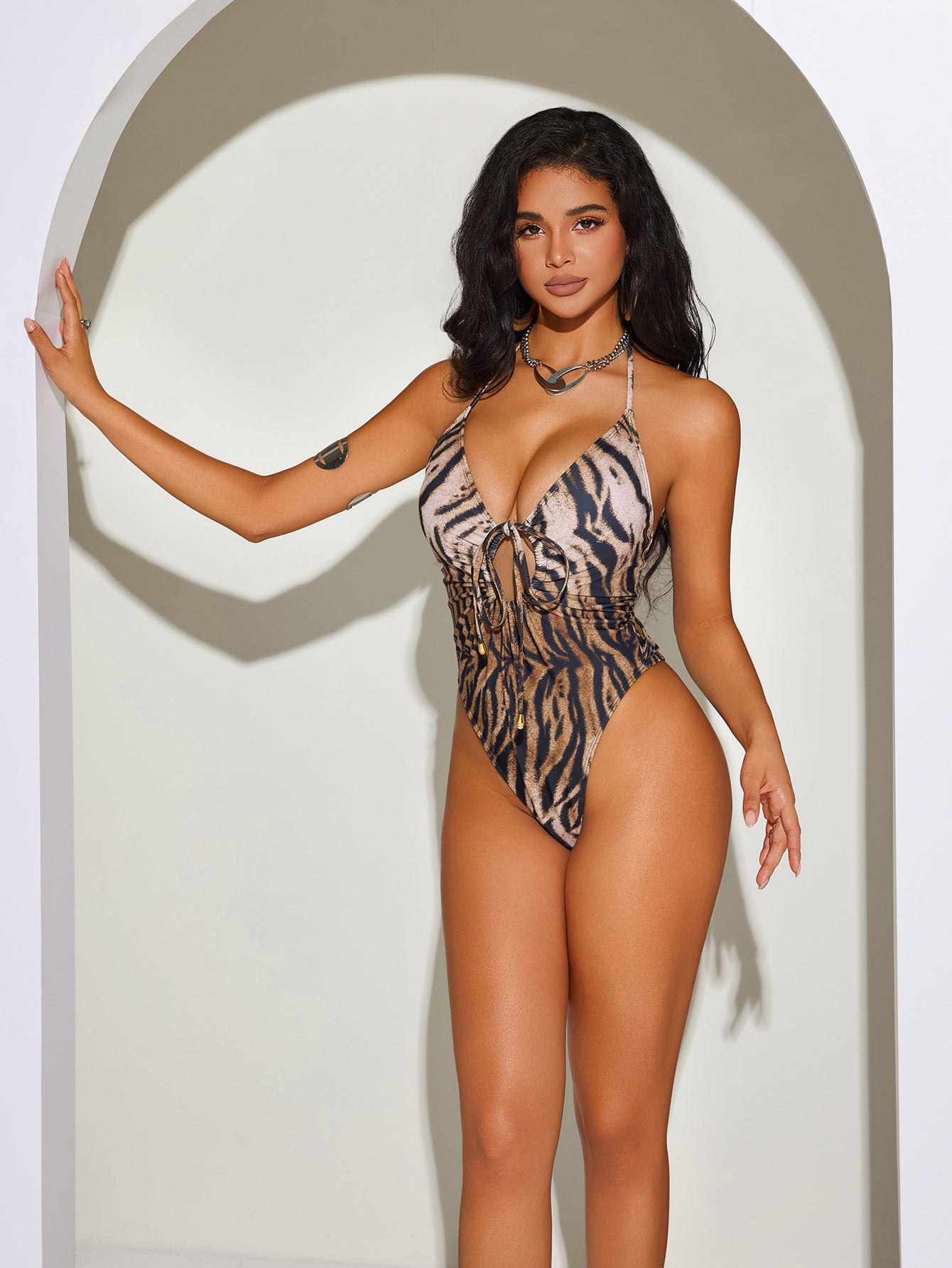 Elegant Hot Leopard Print One Piece Swimsuit featuring plunging neckline and halter straps