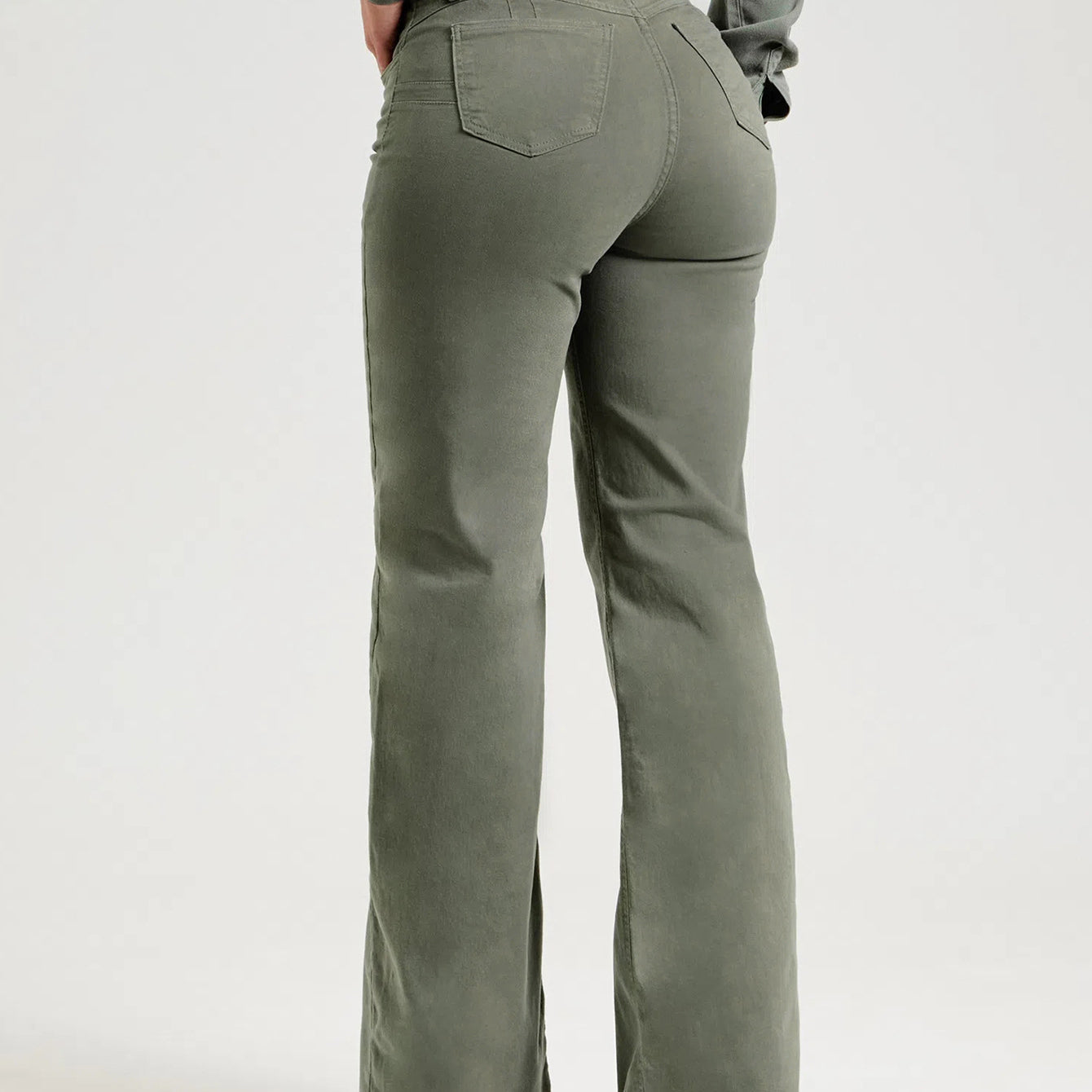 Olive green flared jeans from Slim Fit Stretch Solid Color Frayed Flared Pants Women Jeans