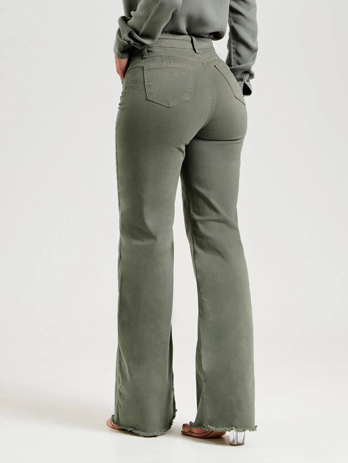 Olive green flared jeans from Slim Fit Stretch Solid Color Frayed Flared Pants Women Jeans