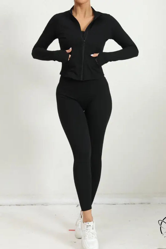 Black three-piece yoga clothes suit with hoodie, leggings, sneakers