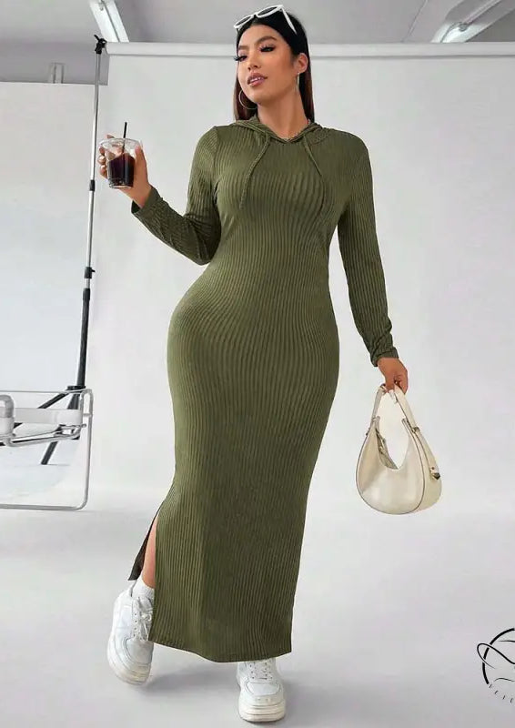 Olive green ribbed hooded winter sheath maxi dress