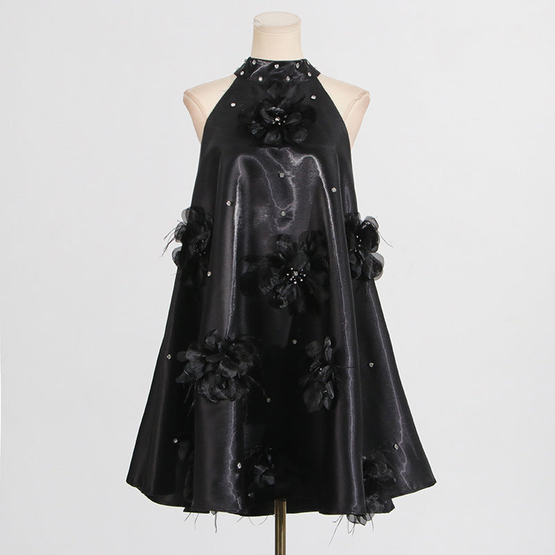 Black halter dress with floral embellishments in stunning A line style for women’s fashion
