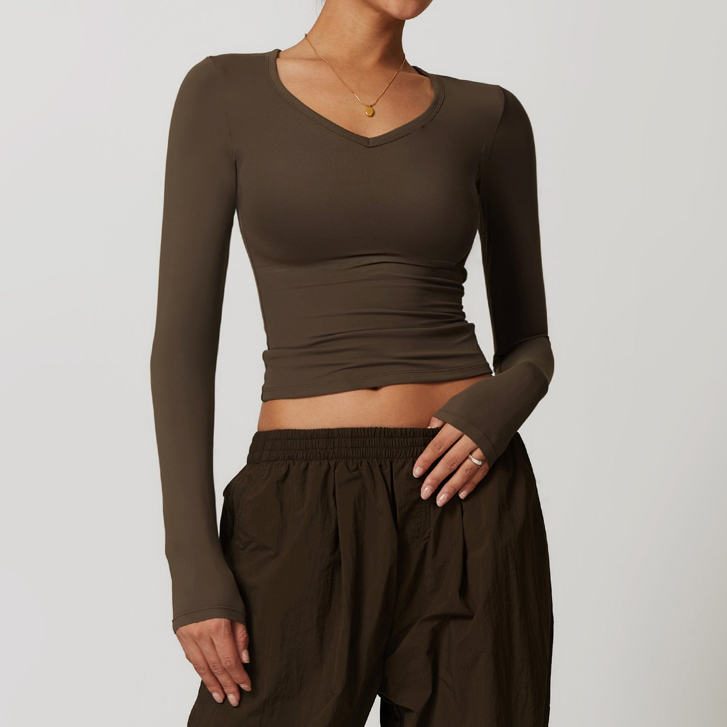 Olive green long-sleeved V-neck top from Winter Quick Drying Brushed Tight Yoga T shirt, modern ملابس fashion