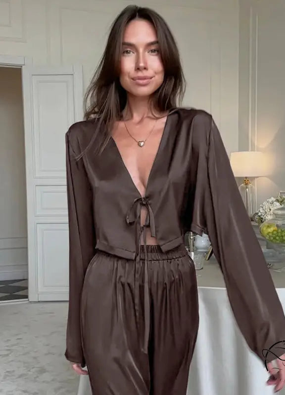 Brown satin pajama set in casual comfortable soft homewear