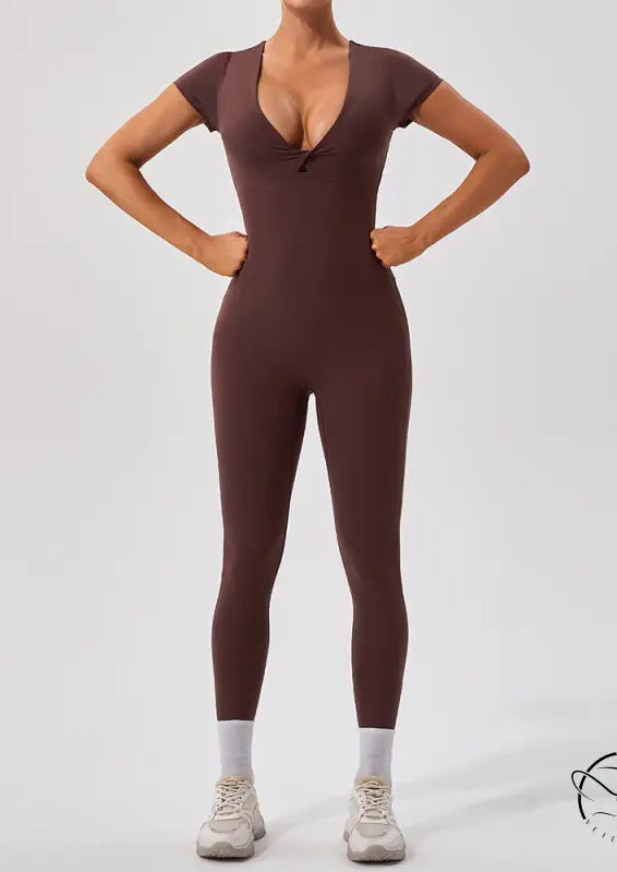 Langry fashion yoga fitness one-piece bodysuit in chocolate brown