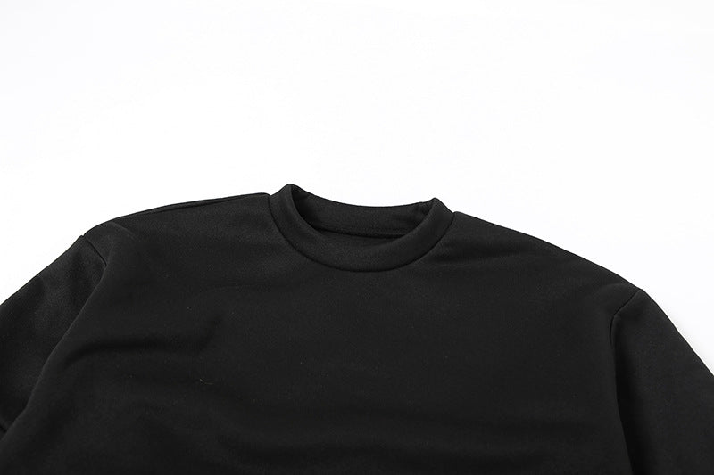 Black crewneck sweatshirt featured in Casual High Waist Skirt Suit for stylish fashion