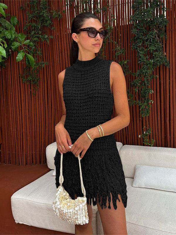 Summer Women Clothing Sleeveless Tassel Hollow out Cutout Slim Fit Elegant Stitching Dress