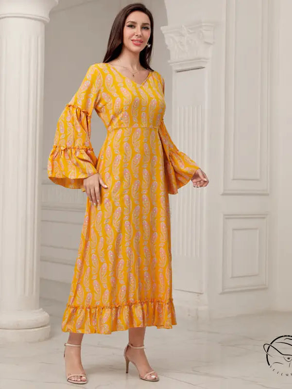 Elegant casual bell sleeve dress in vibrant yellow with pink paisley, langry fashion ملابس