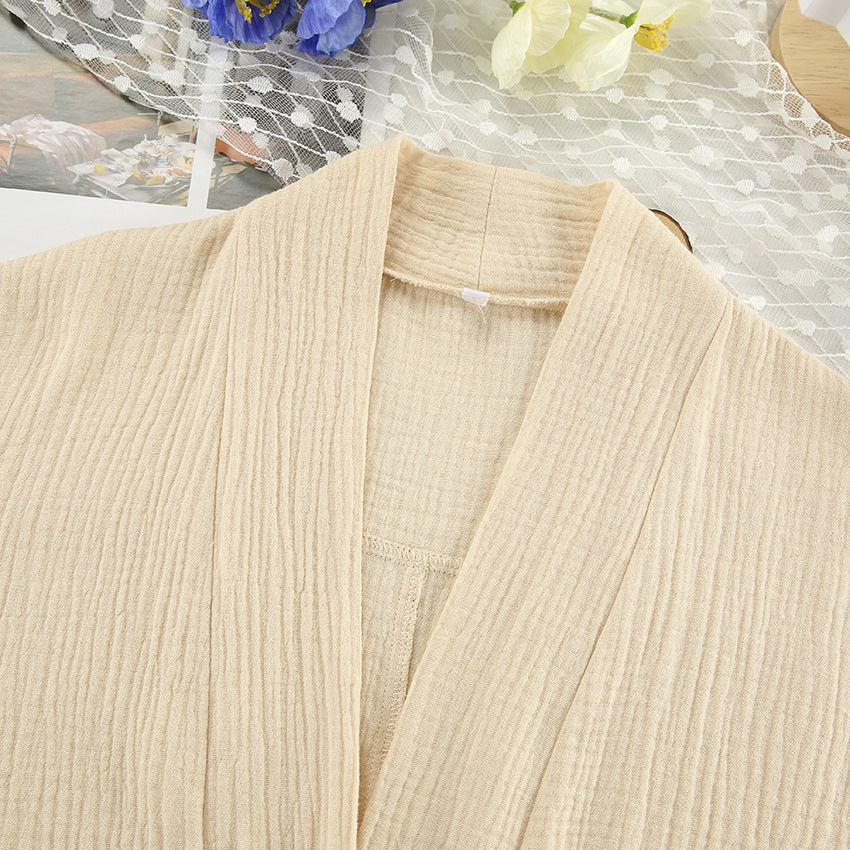 Cream-colored open-front linen cardigan for winter pure cotton pajamas, loose fit