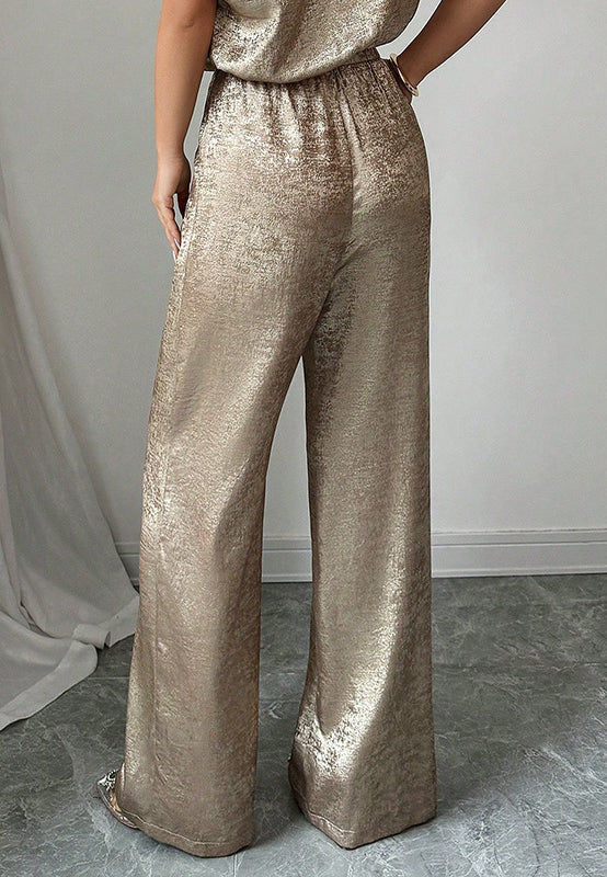 Langry golden high waist wide-leg pants in shimmering fashion ملابس