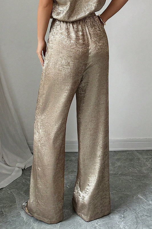 Langry golden high waist wide-leg pants in shimmering fashion ملابس