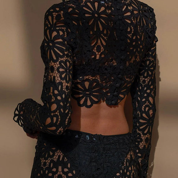 Black floral lace crop top and skirt set in slim fit hollow out lace tops skirt style