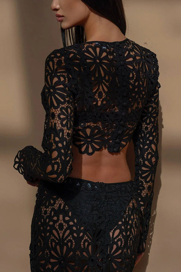 Black floral lace crop top and skirt set in slim fit hollow out lace tops skirt style