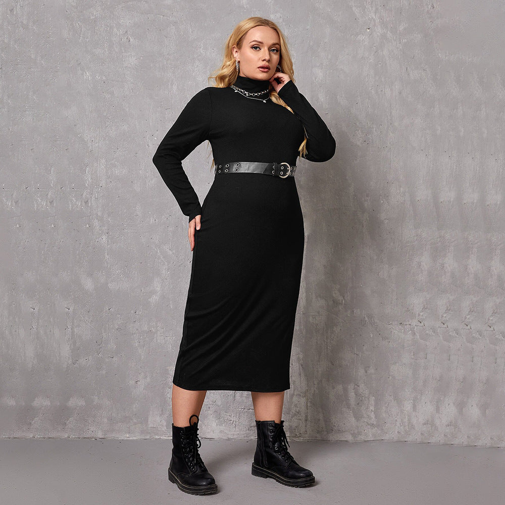 Elegant winter mid length dress in black turtleneck with belt showcasing advanced fashion style