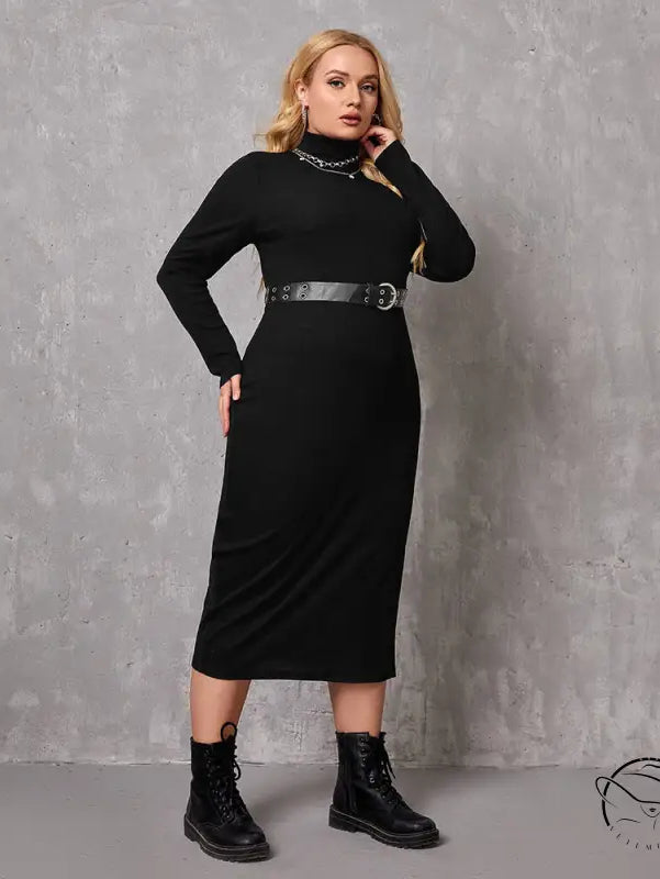 Elegant winter mid length black turtleneck dress with belt