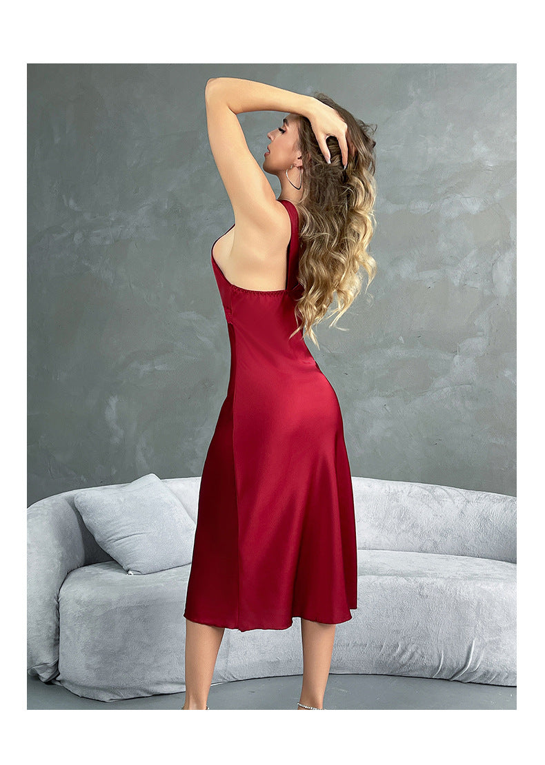 Sleek deep red satin backless slip dress in lingerie fashion