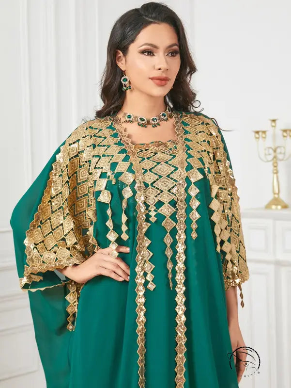 Green and gold embellished kaftan dress in langry fashion ملابس