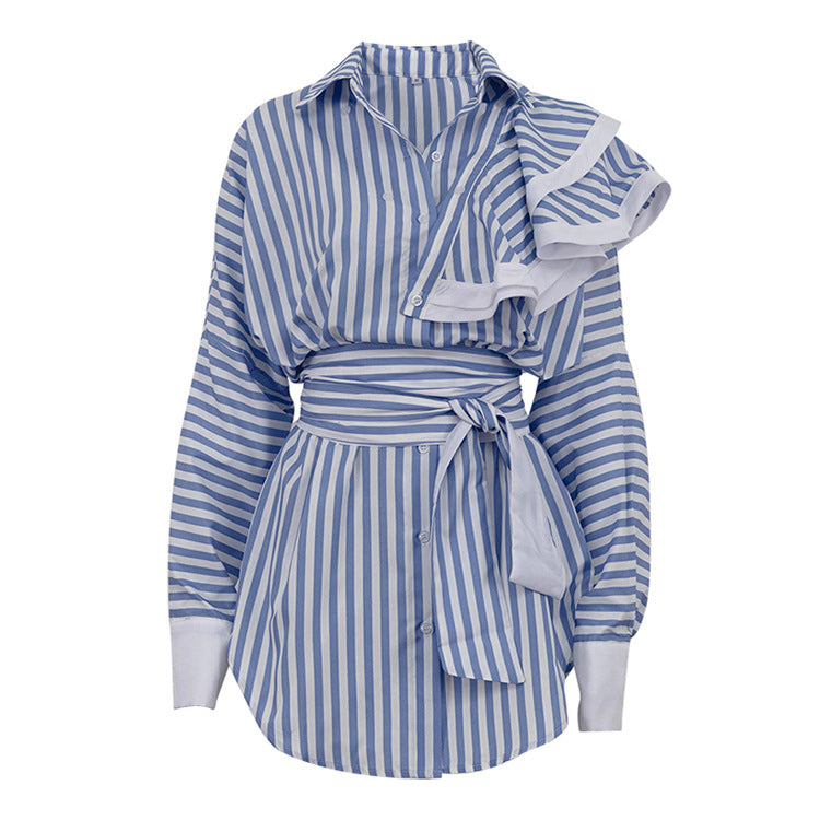 Blue and white striped ruffle shirt dress from Elegant Cardigan, a stylish fashion choice