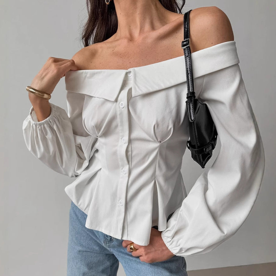 Elegant French off-shoulder blouse with billowy sleeves, perfect for langry fashion ملابس
