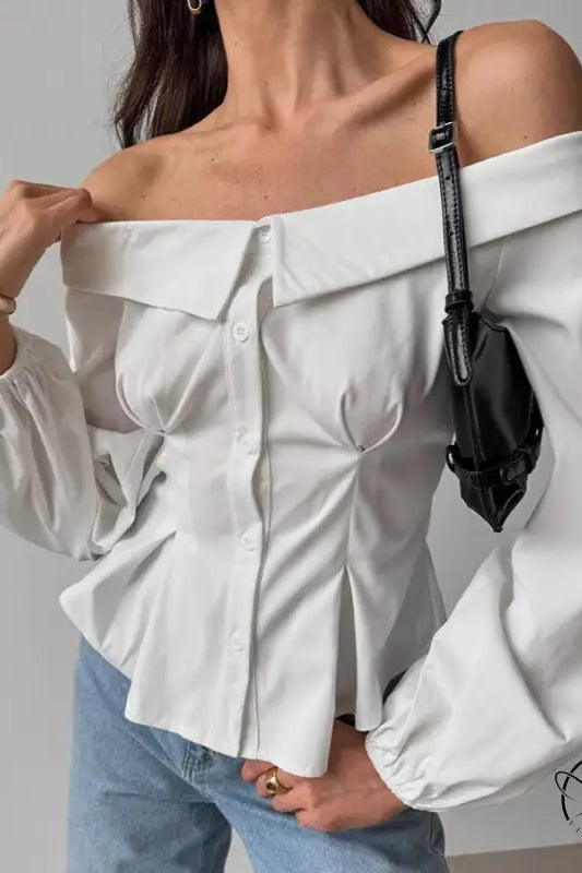 Elegant French off shoulder shirt with white billowy sleeves