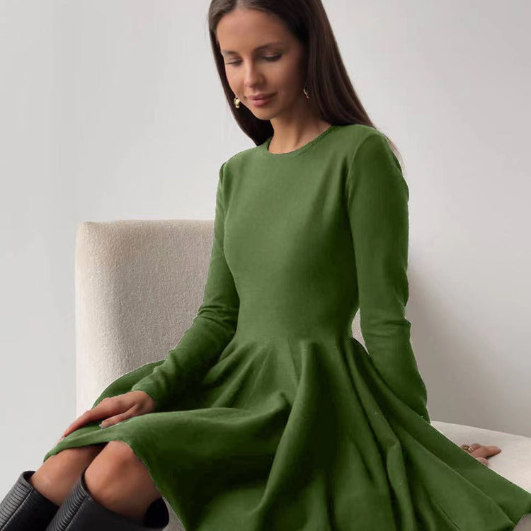 Beautiful woolen knitted olive green long-sleeved dress for elegant winter wear