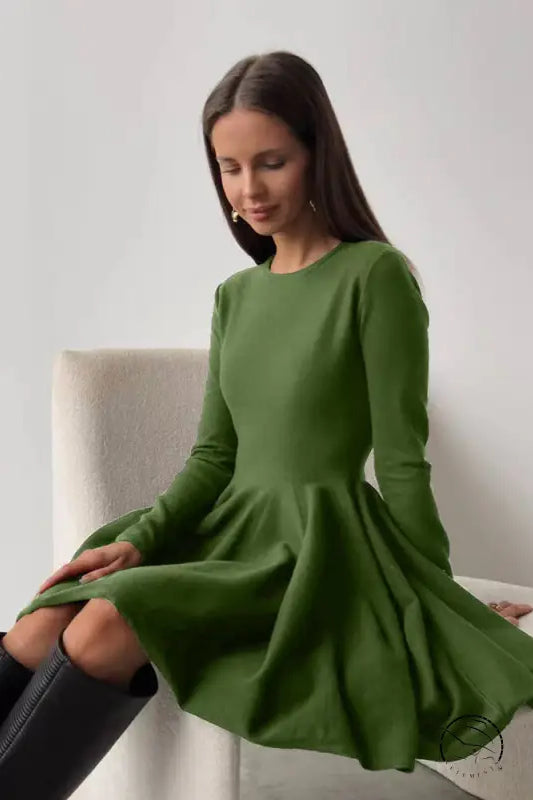 Beautiful woolen knitted olive green long-sleeved dress