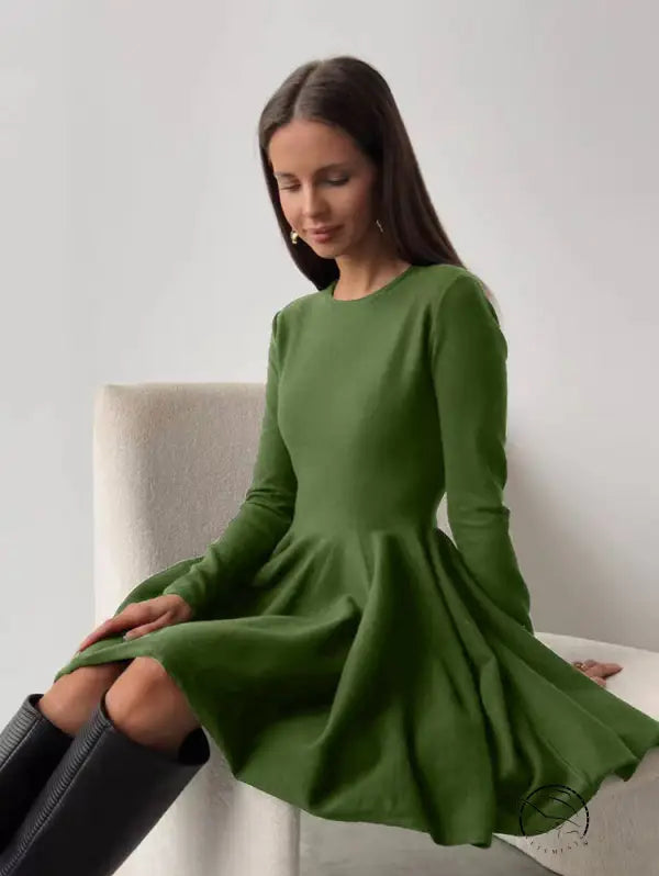 Beautiful woolen knitted olive green long-sleeved dress