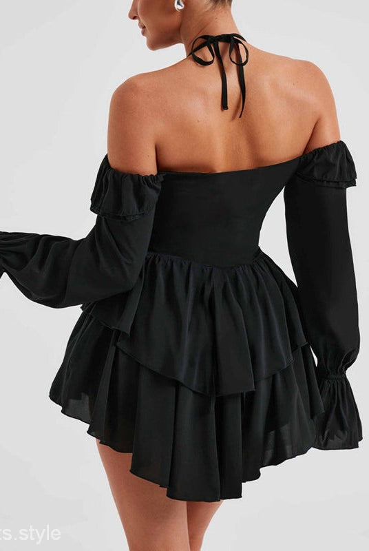 Black sexy halter low cut ruffled dress displayed on HALTER LOW CUT RUFFLED DRESS product