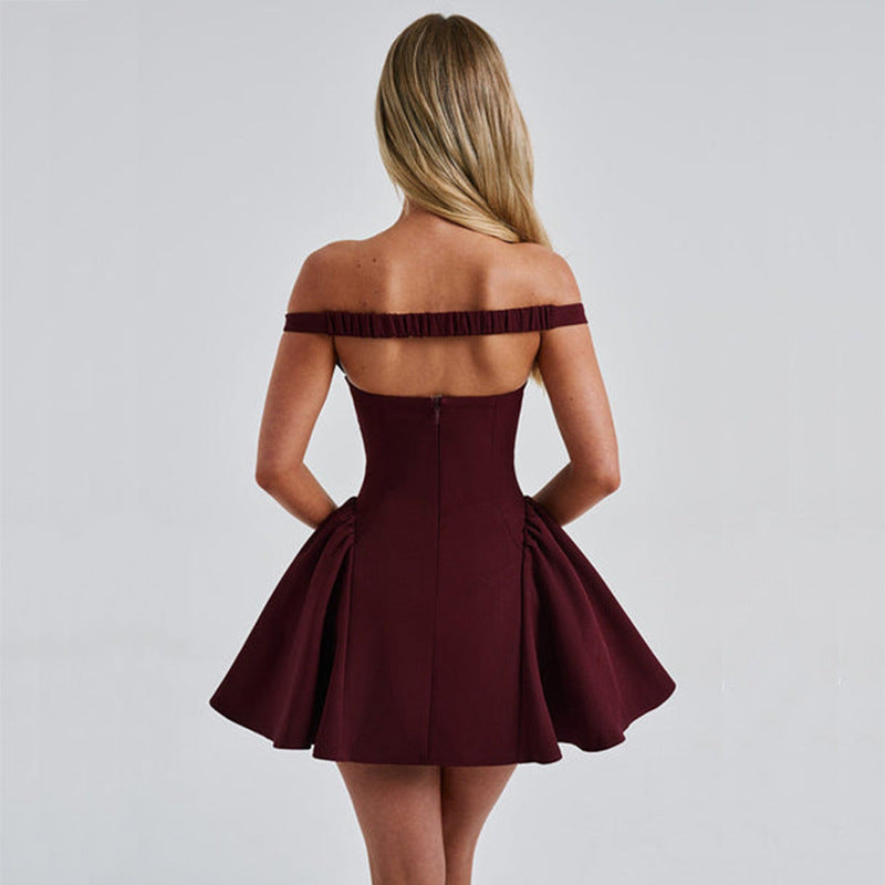 Burgundy off-the-shoulder mini dress from Gorgeous Low Cut Slim Dress collection, perfect for fashion and ملابس enthusiasts