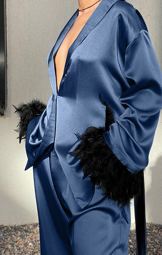 Langry fashion blue satin robe with black feather trim in Winter Feather Trousers Set Pajamas