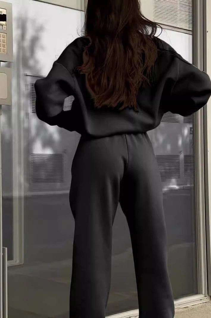 Langry black oversized winter zipper collared casual two-piece fashion set with wide sleeves and pants for lounging