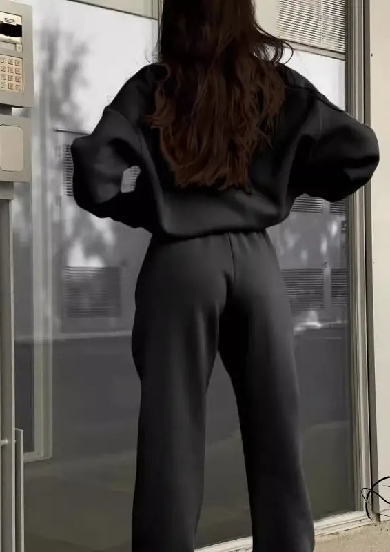 Winter Zipper Collared Casual Two Piece Set in black, langry fashion ملابس