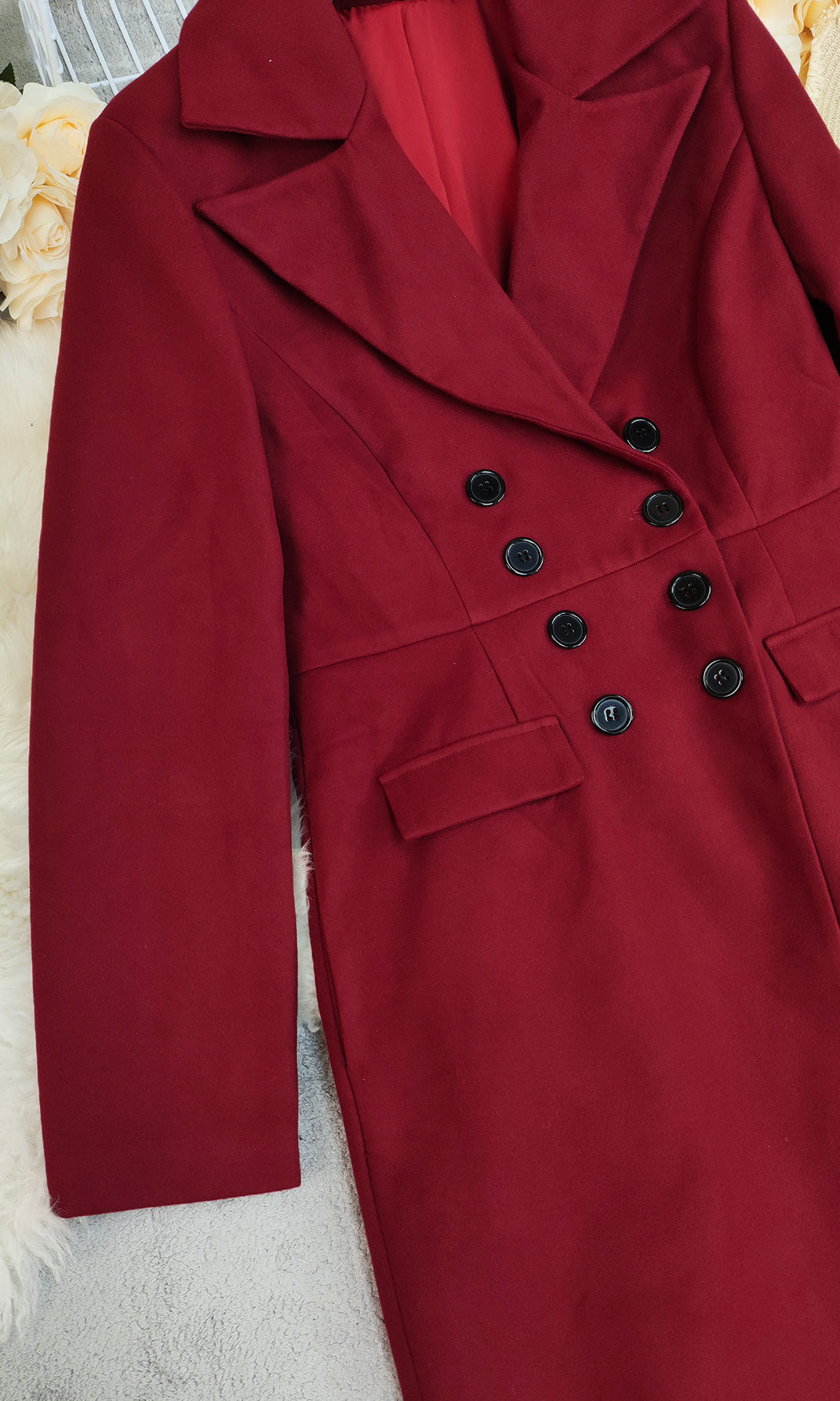 Red double-breasted woolen long coat with black buttons for autumn winter fashion