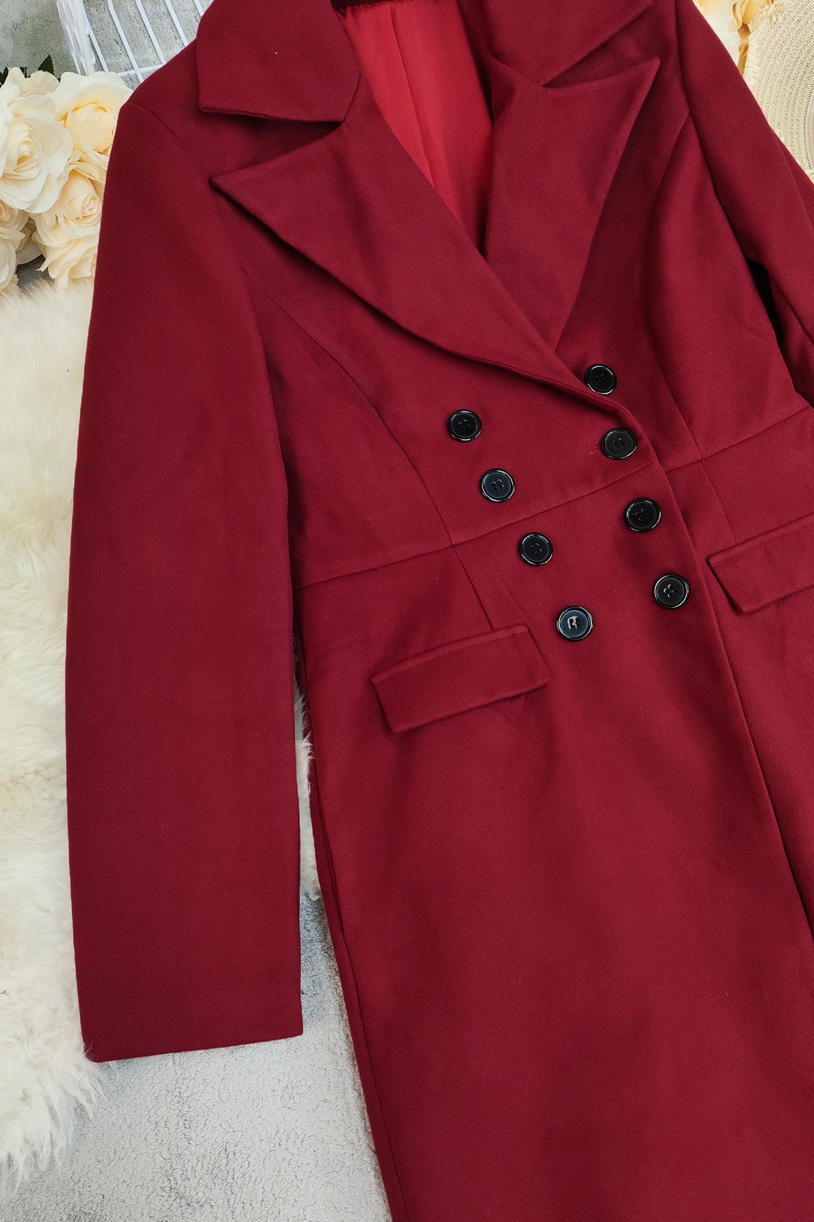 Red double-breasted woolen long coat with black buttons for autumn winter fashion