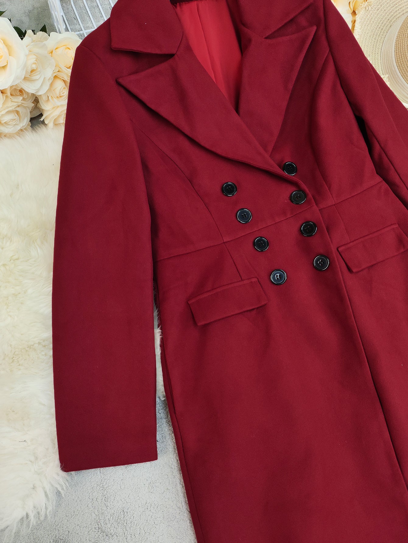 Red double-breasted woolen long coat with black buttons for autumn winter fashion