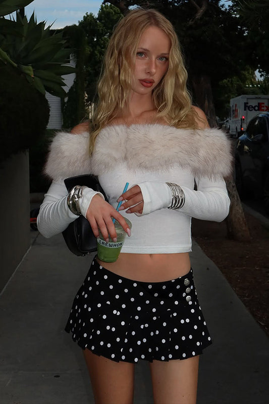 Langry fashion white fur-trimmed off-shoulder crop top with black polka dot skirt