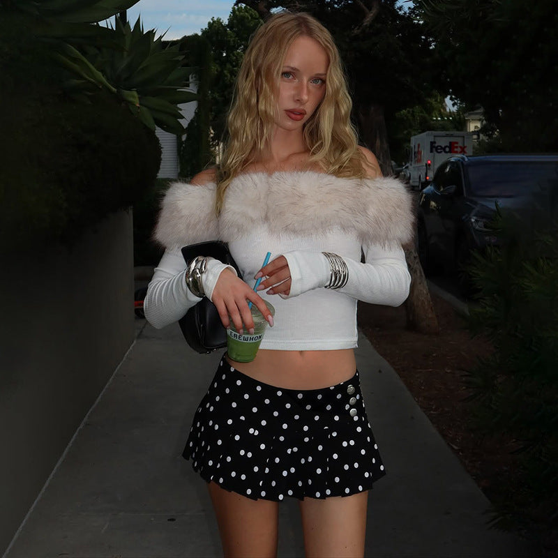 Langry fashion white fur-trimmed off-shoulder crop top with black polka dot skirt