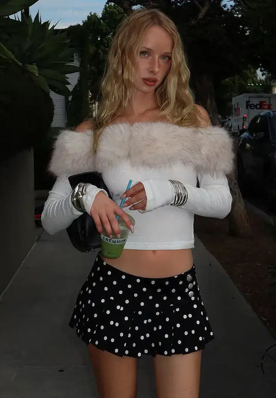 Langry fashion white fur-trimmed off-shoulder crop top with black polka dot skirt