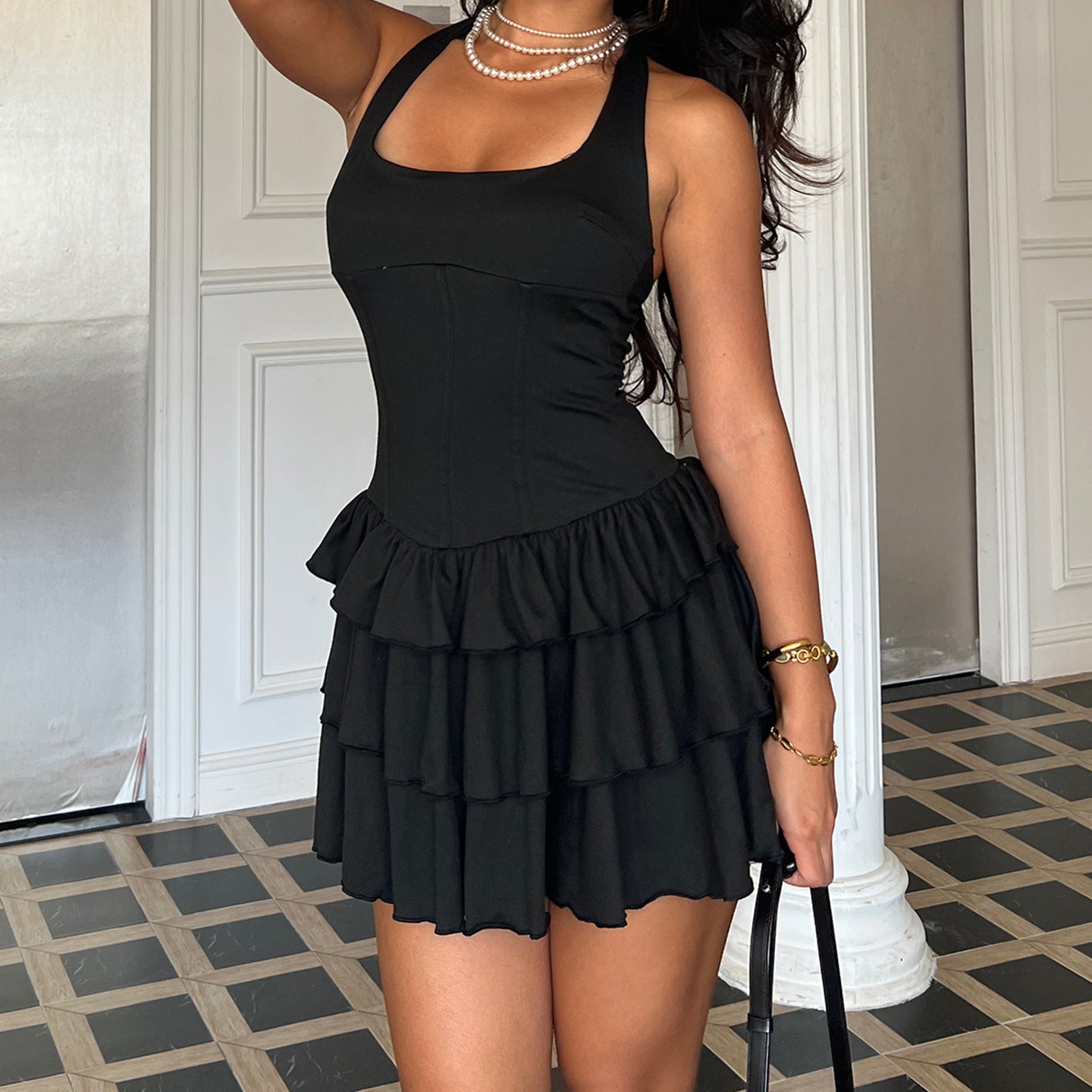 Black tiered ruffle mini dress in Langry fashion style