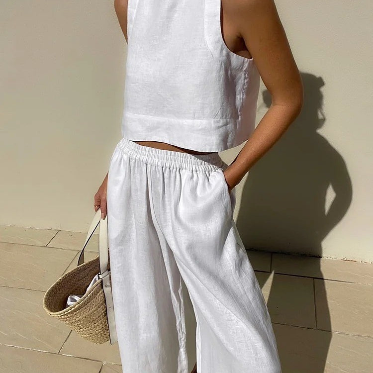 White linen two-piece outfit from Langry, perfect for casual fashion occasions