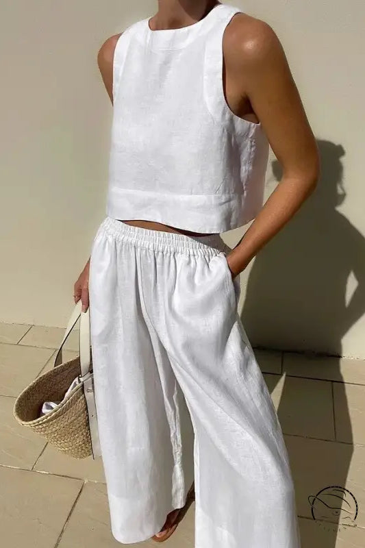 White linen casual loose sleeveless shirt two piece set