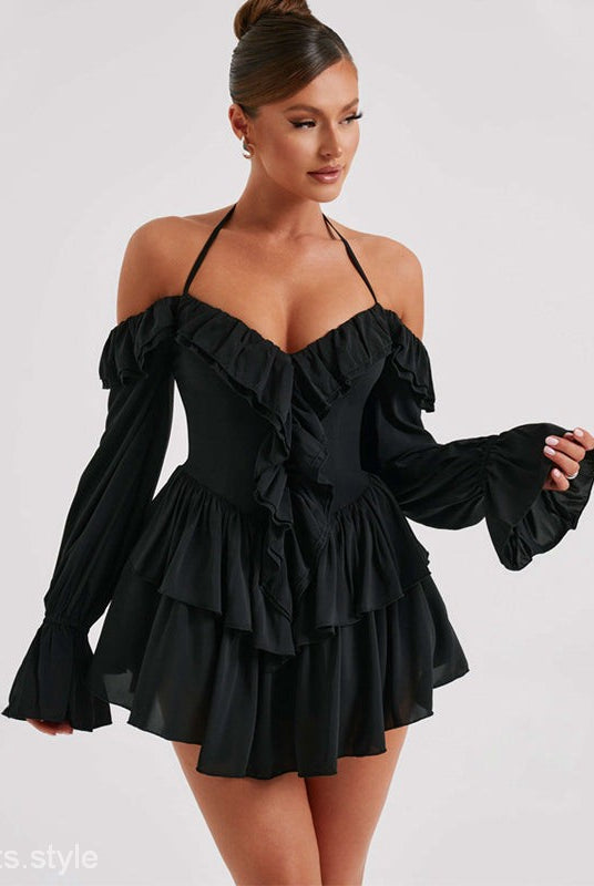 Black sexy halter low cut ruffled dress displayed in HALTER LOW CUT RUFFLED DRESS
