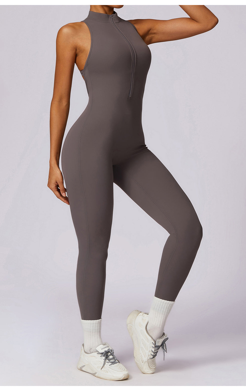 Sleek gray langry Beauty Back Yoga Jumpsuit in form-fitting fashion ملابس