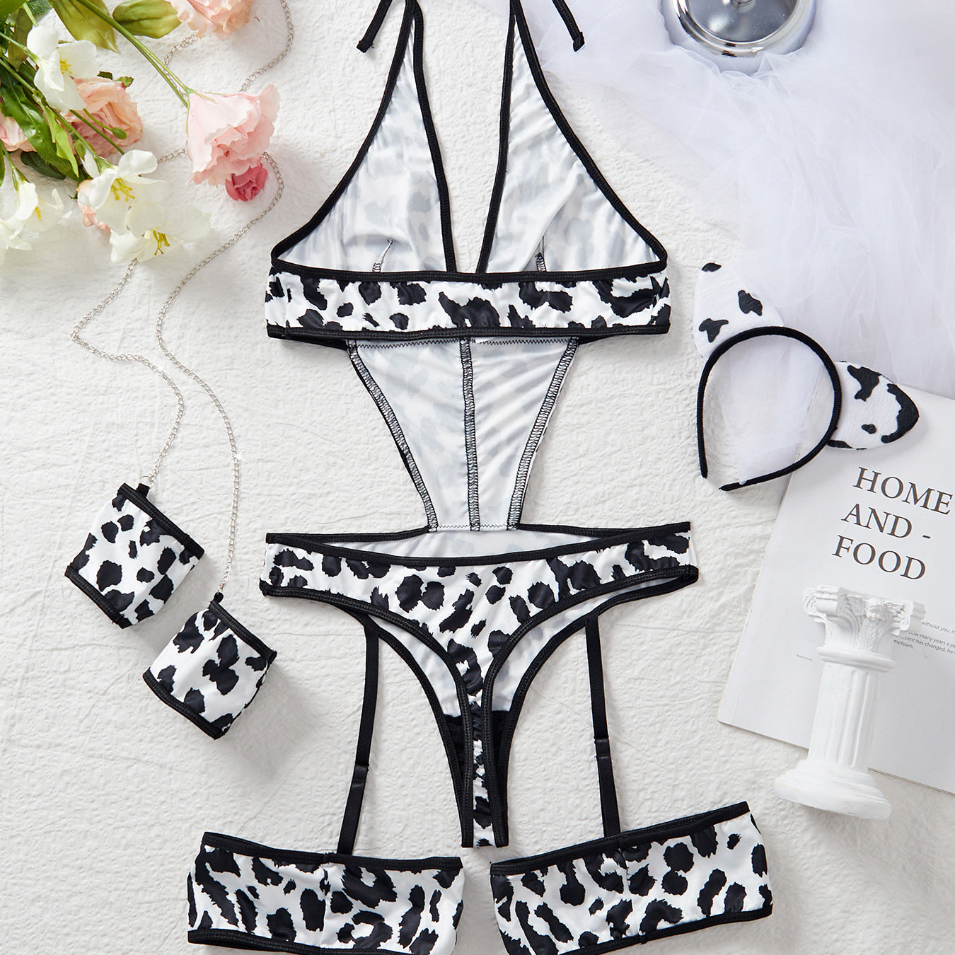 Underwear Cow Leopard Halloween Character Cosplay Clothes Hollow out Cutout Backless Halter Set