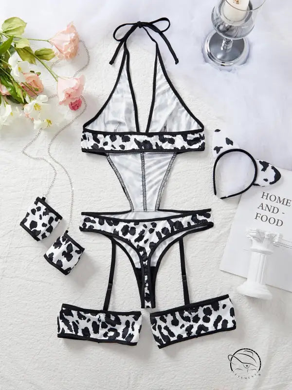 Underwear Cow Leopard Halloween Character Cosplay Clothes Hollow out Cutout Backless Halter Set