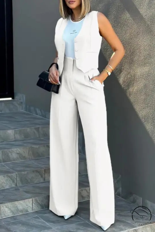 Elegant vest jacket wide leg pants set for women