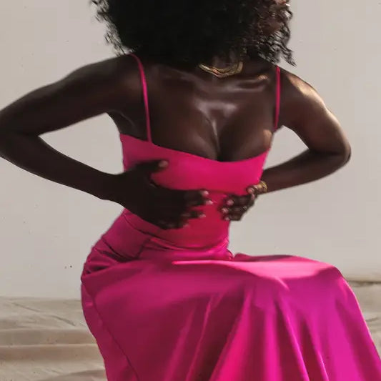 Elegant satin fuchsia langry evening gown in fashion style