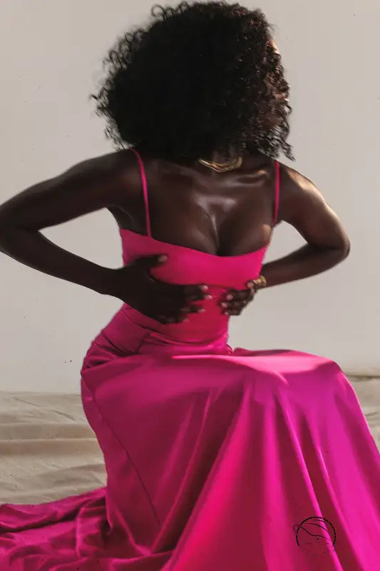 Elegant satin fuchsia langry evening gown in fashion style