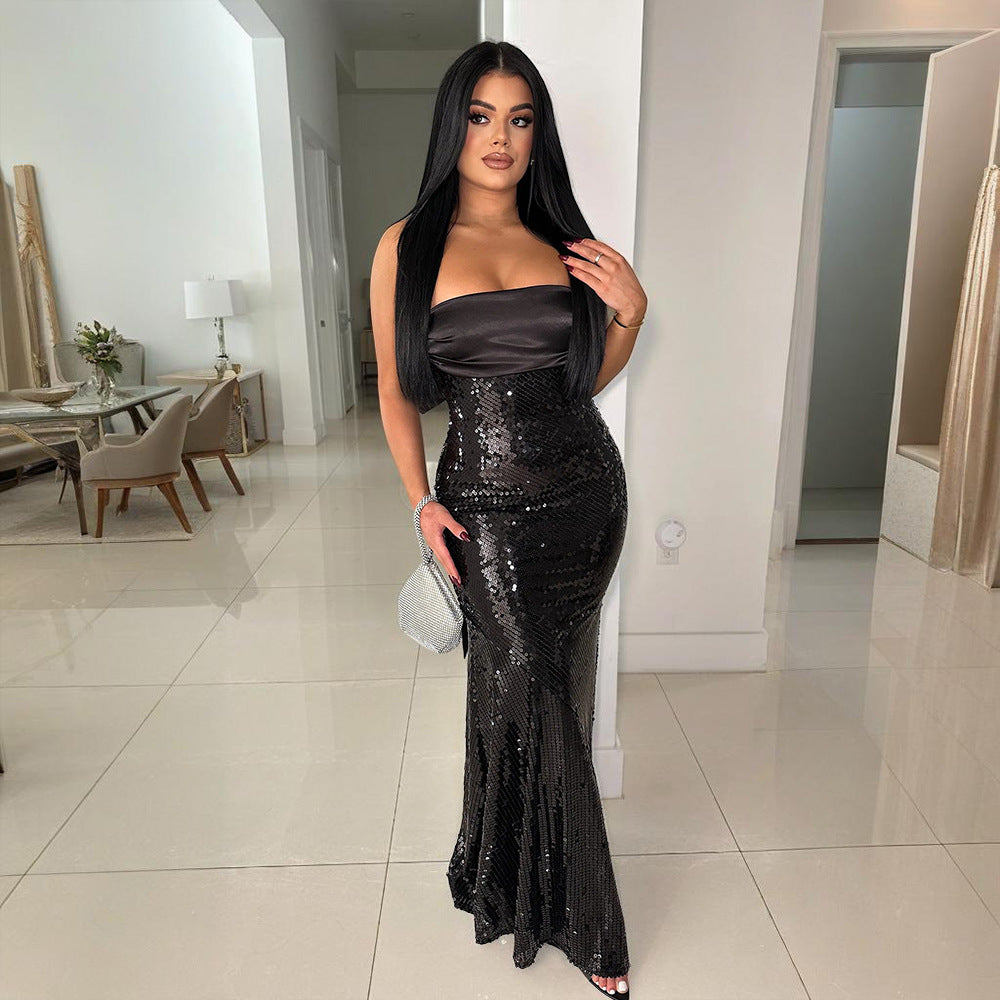 Elegant black sequined gown from Amazing Satin Stitching Dress, perfect for fashion enthusiasts