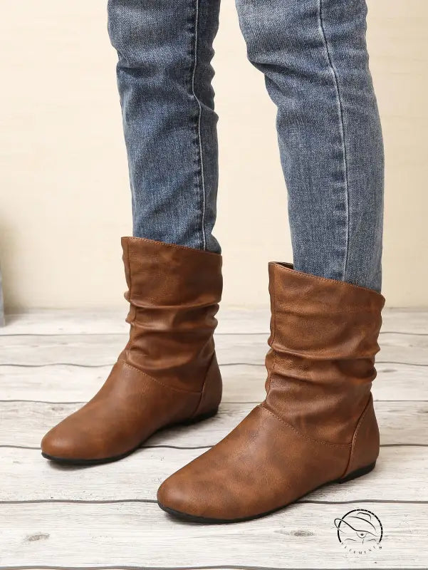 Brown slouch faux leather boots in Langry fashion style